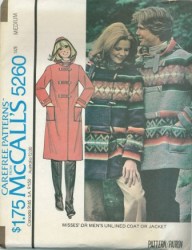 5260 MR. MS HOODED DUFFLE BLANKET COAT, JACKET PATTERN MD 38,40